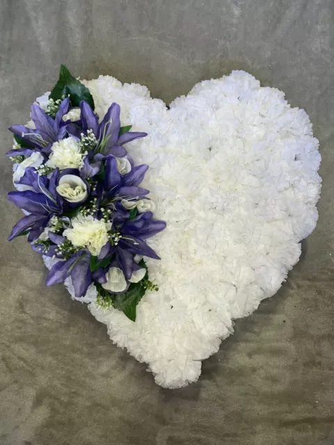 Purple & White Artificial Silk Funeral Heart Tribute Wreath Memorial Flowers