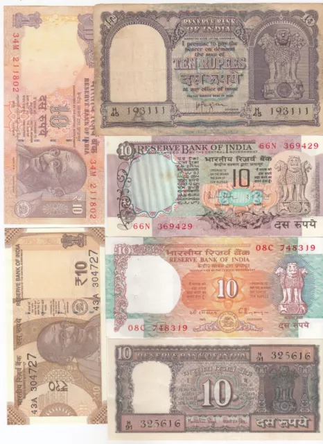 India, Todo Diferente Issues, 10 Rupias, Lote De 6 , Billetes, Raro