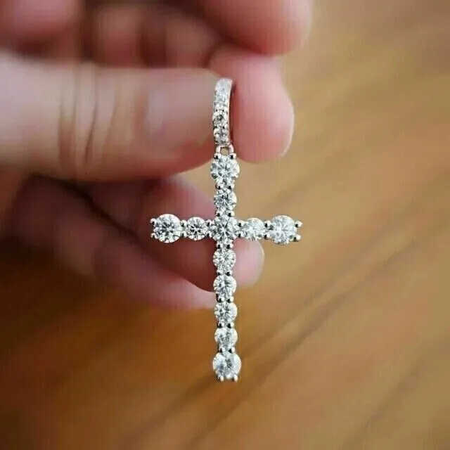 1.50Ct Round Cut Real Moissanite Cross Pendant 14K White Gold Plated Silver