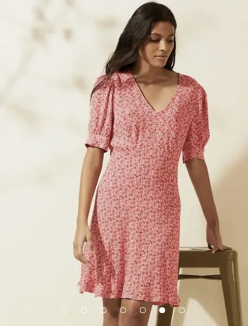 M&S X GHOST Pink Mix Floral V-Neck Puff Sleeve Mini Tea Dress Size UK 8