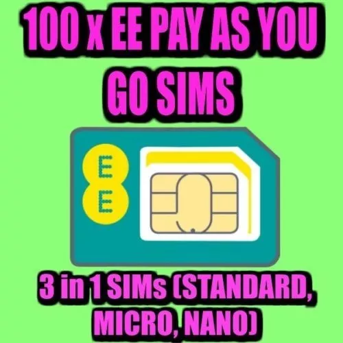 100 x EE UK Pay As You Go (Prepaid) Sim Cards in Bulk wholesale joblot Empty