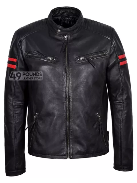 Men Real Leather Jacket Black With Red Stripes Zip Retro Racing Biker Style 4185