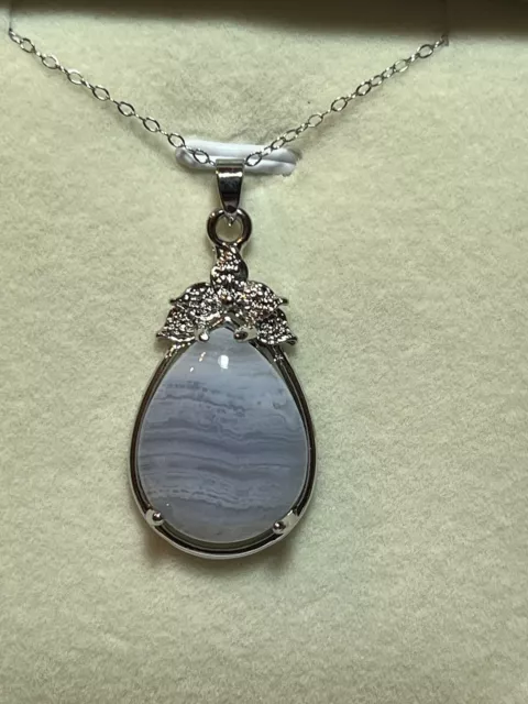 Beautiful Blue Lace Agate Pendant 925 Sterling Silver Twist  Necklace