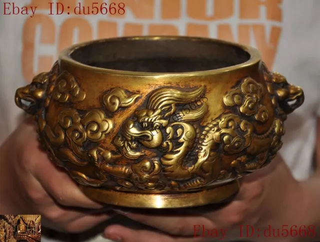 Old China temple Bronze 24k gold Gilt animal Dragon statue Incense burner Censer