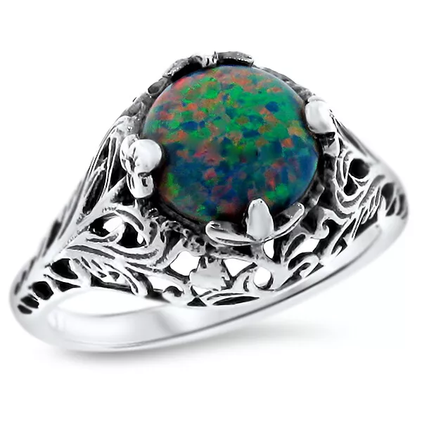 Victorian Style 925 Sterling Silver Lab-Created Black Opal Filigree Ring    #824