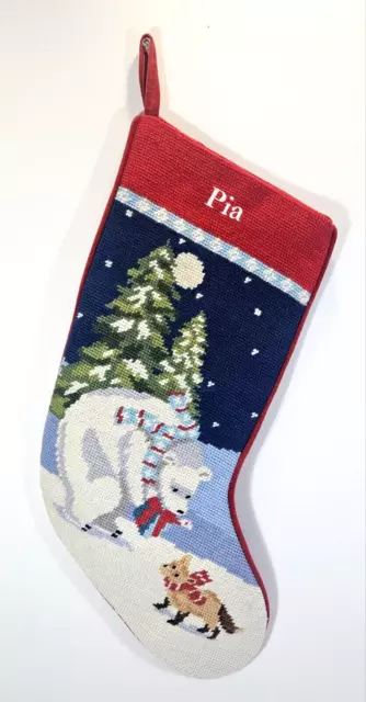 Lands' End Needlepoint Christmas Stocking Monogram Pia Polar Bear Fox Wool