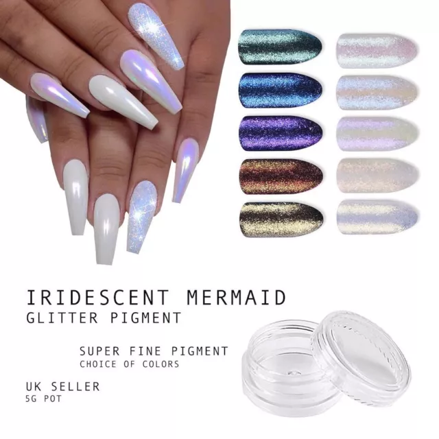 5 Colour Mermaid Effect Glitter Nail Powder Dust Pigment Glimmer Iridescent Set