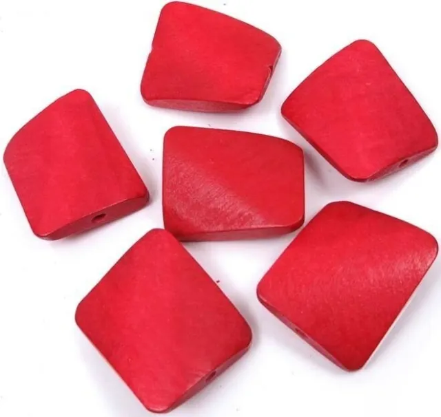 35x30mm Wavy Rectangle Wood Pendant Focal Beads (6) - Red