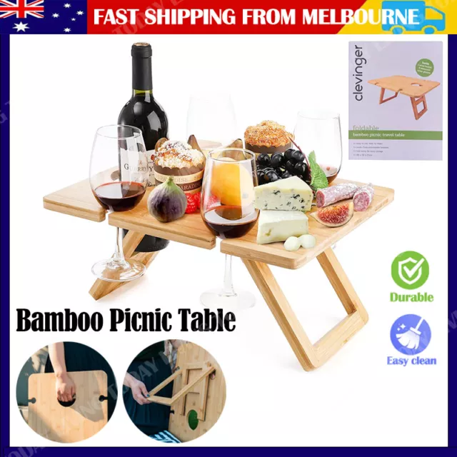 Bamboo Picnic Table With Wine Glass Holder Rack Folding Tray Outdoor Portable AU