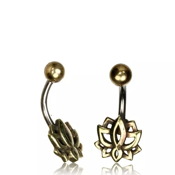 Tribal Belly Ring 14G 1.6Mm Solid Brass Naval Bar Lotus Flower Boho Gypsy Yoga