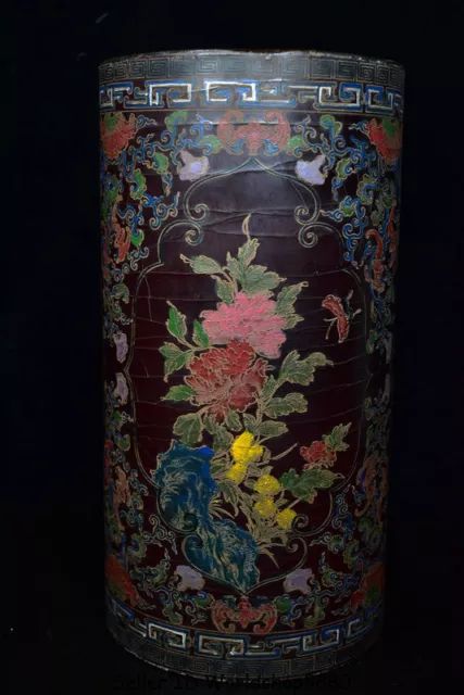 12.8"Qianlong Marked Old China Lacquerware Painting Flower Brush Pot Pencil Vase