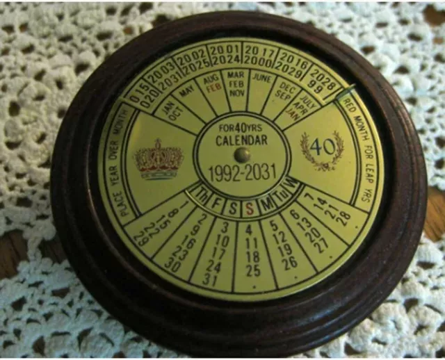 40 Year Perpetual Calendar Stamp Box Trinket Mahogany & Brass Round -Vintage