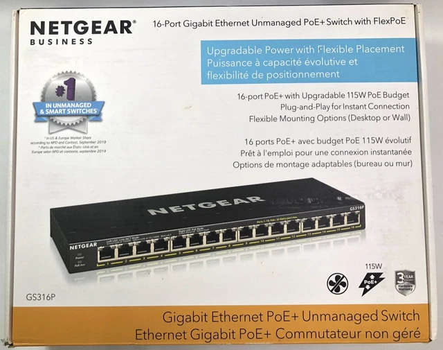 NETGEAR GS316P 16PORT Gigabit Unmanaged PoE+ Switch with