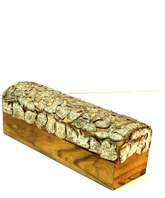 Mexican Wood Hinged Box With Mexican Silver Trinket Top & Sides 6.5”L x2”W x2”H