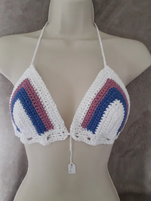 Hand Crocheted  Cotton Bikini Top  A cup  B cup. White Pink Blue. Gift idea