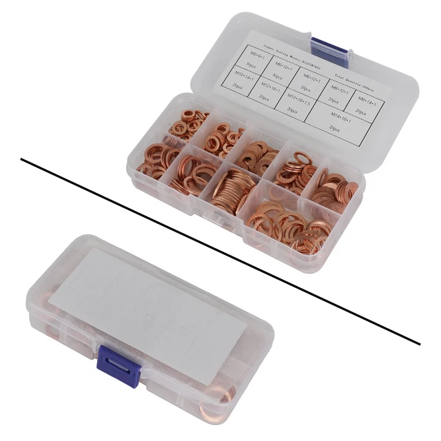 200Pcs Assortiment Solid Cuivre Crush Bague Rondelles Set Kit Joint Plat M5-M14