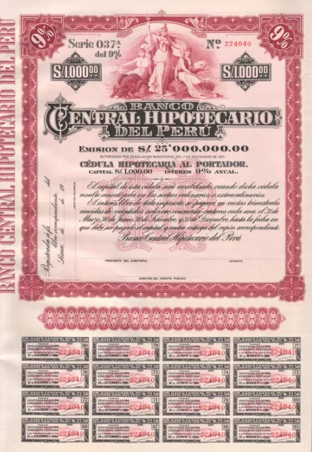 PERU BANK stock certificate $1,000 @ 9% CENTRAL HIPOTECARIO