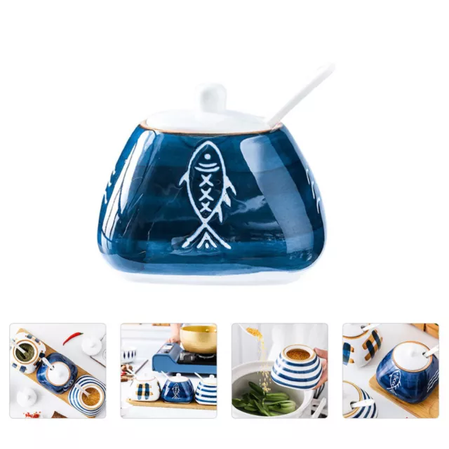 Blue Ceramic Condiment Jar with Lid - Japanese Style Seasoning Box-SG