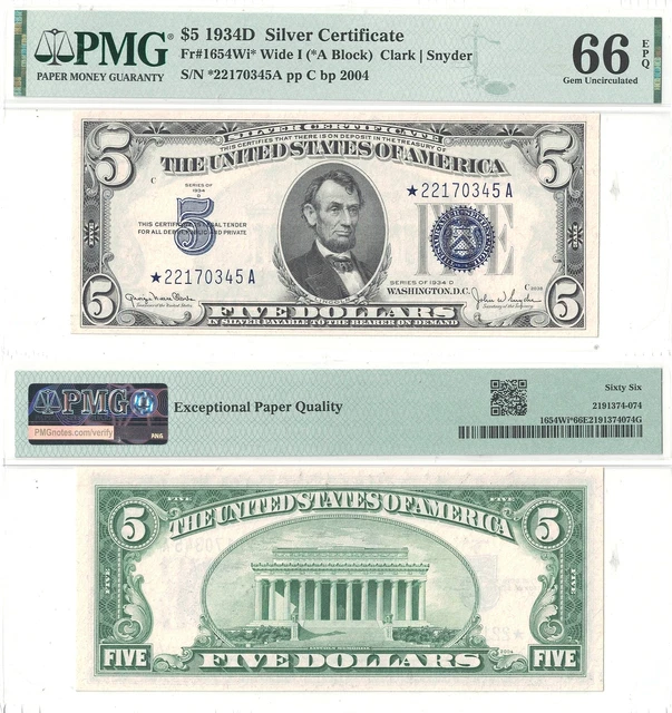 1934-D $5 Silver Certificate Star Note Wide I Fr 1654* PMG Gem Unc-66 EPQ