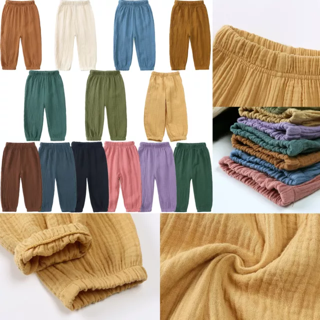 Kids Girls Boys Cotton Linen Casual Pant Solid Color Breathable Elastic Trousers