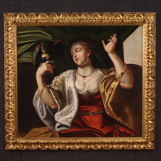 Ancien portrait dame avec perroquet tableau huile toile peinture 18ème siècle