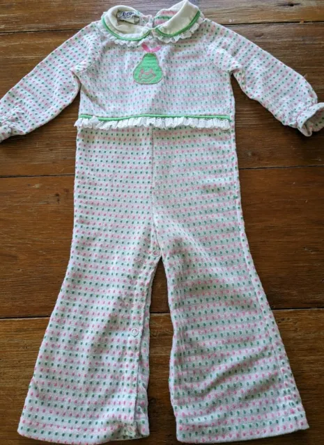 Vtg 70s Baby Girl 1pc Jumper Romper Flare Leg Applique 24mo Groovy Mod Toddler