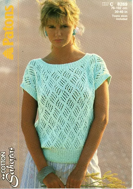 ~ Patons Knitting Pattern For Lady's Wide Neck Lacy Cap Sleeve Top ~ 30" ~ 40" ~
