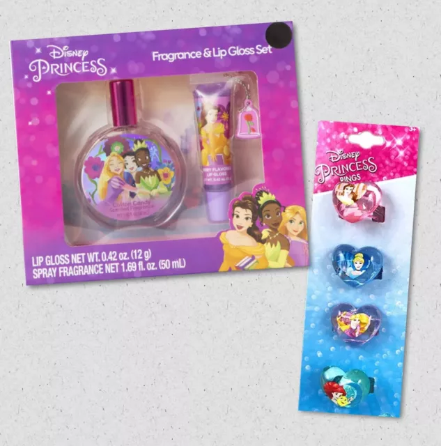 Nuevo 2 piezas Fragancia de princesa Disney y brillo labial con sabor con llavero y 4 anillos