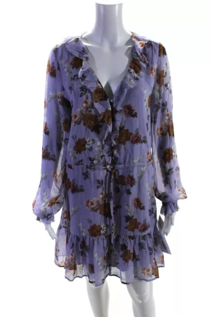 Paige Womens Long Sleeve Ruffled V Neck Floral Silk Dress Lavender Size Large