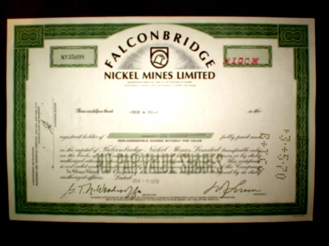 Falconbridge Nickel Mines Ltd share certificate 1970   Canada