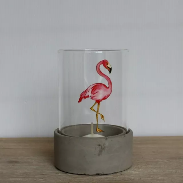 Flamingo Hurricane Candle Holder With Cement Base