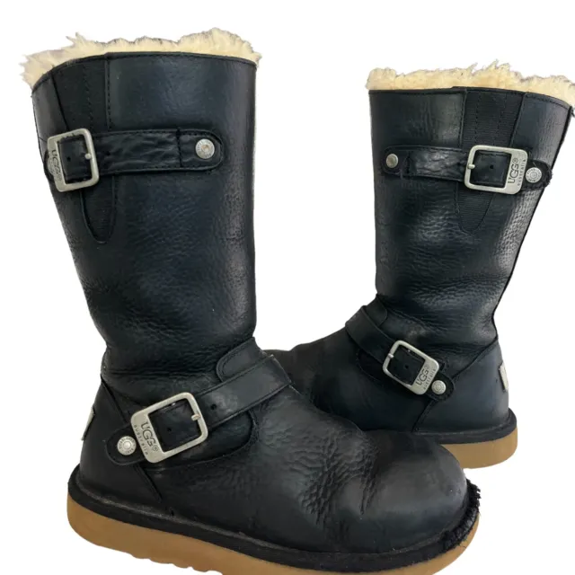 UGG Australia Kensington Black Leather Boots S/N 1969 Youth Size 1