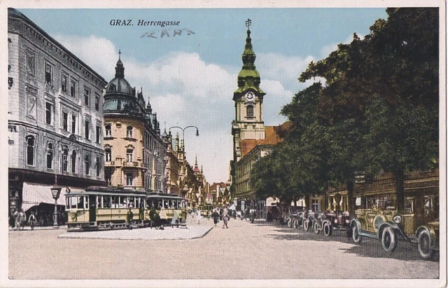 GRAZ Steiermark Herrengasse mit Straßenbahn col. AK um 1930