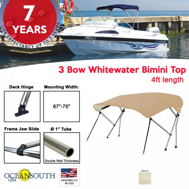 3 Bow BIMINI TOP Boat Cover 67" - 75" Width, 4ft Long Sand with Support Poles