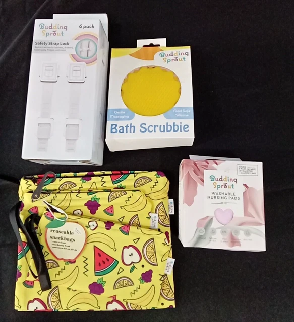 Lot of (4) BABY Products BUDDING SPROUT Nursing Pads / Bath Scrubbie / Bags