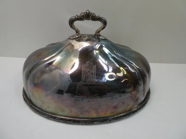 Antique Reed & Barton Epns Silver Plated Cloche Dome Food Cover Coat Arms Emblem