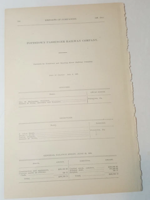 1906 RAILROAD DOCUMENT POTTSTOWN PASSENGER RAILWAY Pennsylvania trolley ...