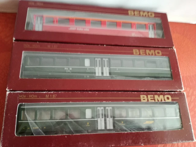 Set De 3 Voitures Bemo H0m RHB Années 80 - Voitures PAssagers Échelle H0m/H0e