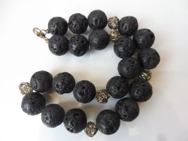 Bella Collar de Perlas, Negro Coral Esponja, Grueso Cadena Bolas Con 925 Plata