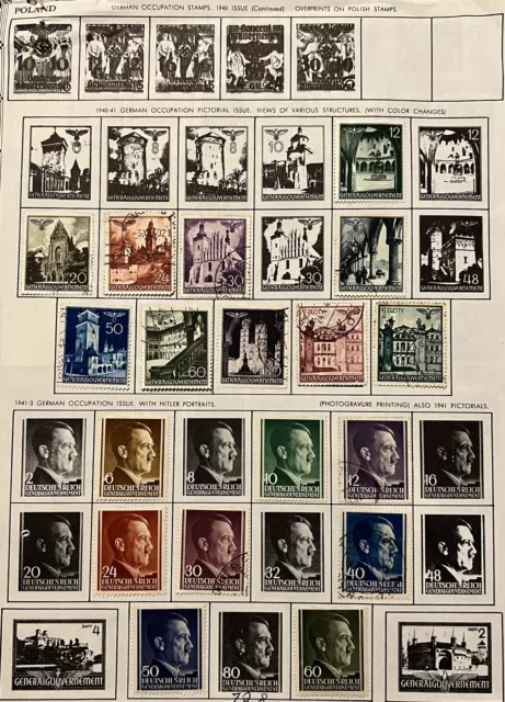 1940s POLAND STAMPS LOT ON ALBUM PAGE, WWII, GERMAN OCCUPIED, POSTAGE DUE ETC.
