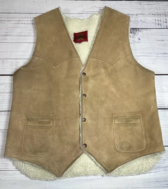 VTG Pypsa Vest Men's 46 Brown Leather Sherpa Cowboy Frontier Western Snap Button