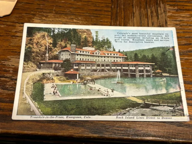 1920 Evergreen Colorado Postcard Troutdale-in-the-Pines resort Rock Island RR