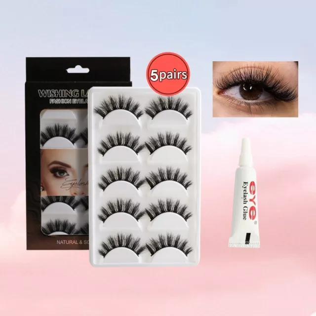 Natural Look False Lashes Kit - 17mm, 5 pairs + glue, Lightweight & Reusable