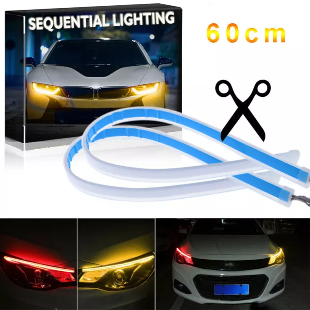 2 x 60CM LED DRL Light Amber Sequential Flexible Turn Signal Strip For Headlight 2