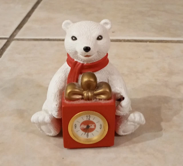 Vintage Coca Cola Collectible White Polar Bear Mini Clock USED