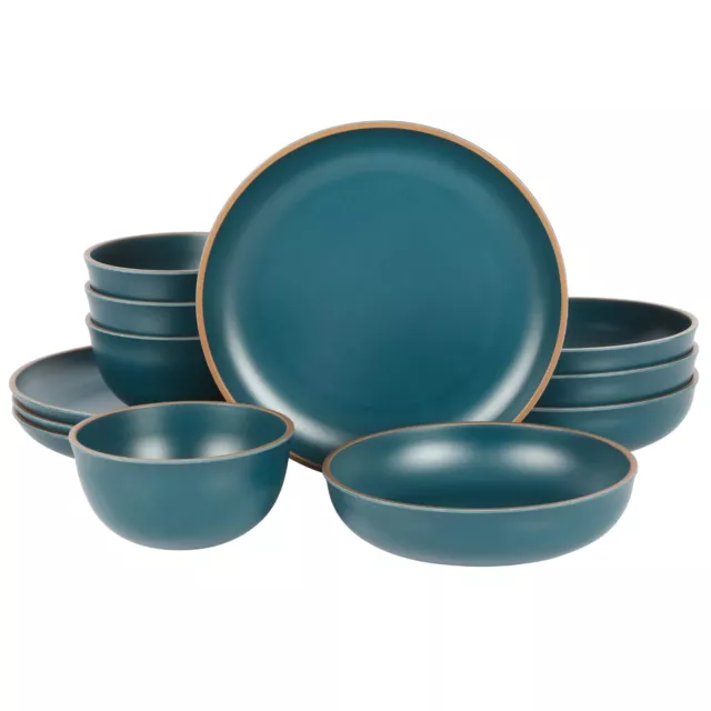 Gibson Home Rockabye 12-Piece Double Bowl Melamine Dinnerware Set - Matte Teal