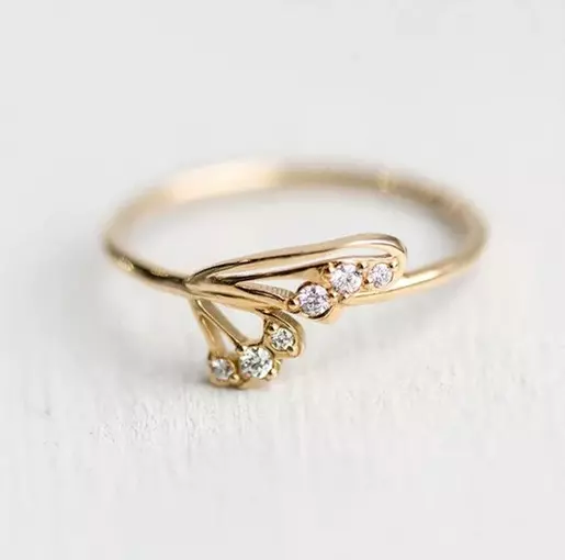 Dainty Leaf Design With Genuine Round Moissanite In 10K Yellow Gold Women Ring