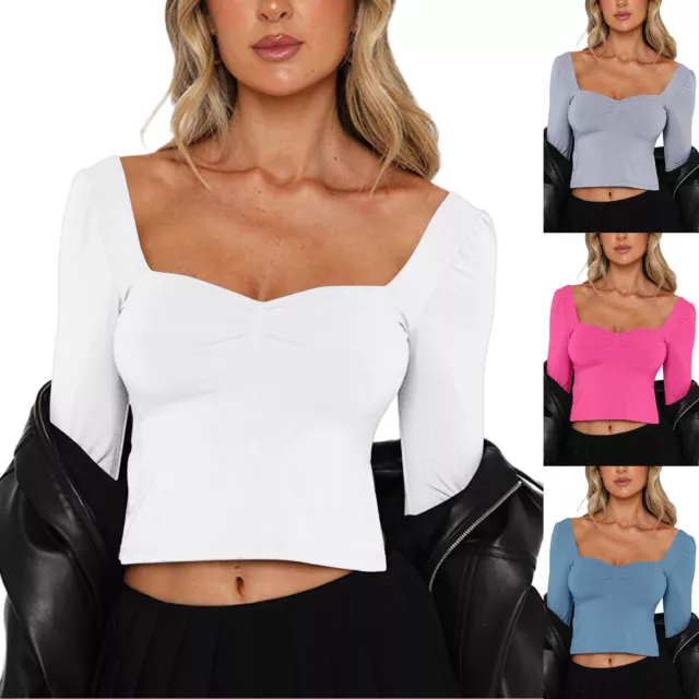Womens Solid Square Neck Long Sleeve Pleated Side Split Top T Shirt