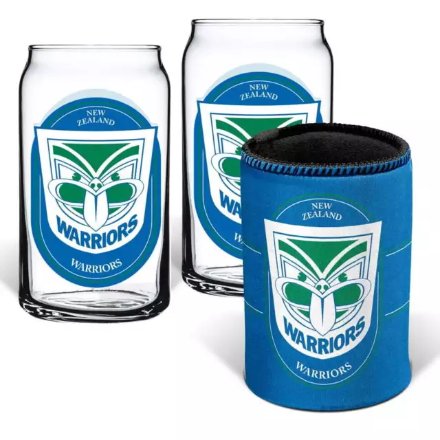 New Zealand NZ Warriors NRL Set of 2 Can Shaped Glasses and Can Cooler Gift Set