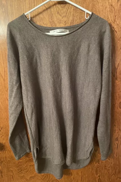 Max Studio Women's Brown Extrafine Merino Wool Boatneck Shirt Tail Sweater Large